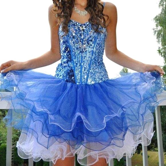 Samila Blue Sequin Embroidered Sweetheart Corseted Layered Tull Homecoming Dress - Picture 10 of 10